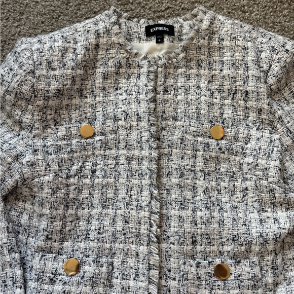 EXPRESS NEUTRAL PRINT PADDED SHOULDER TWEED BLAZER SZ L - Picture 2 of 11